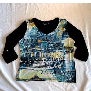 Onque Casual Rome Cityscape Graphic Top Womens XL Black 3/4 Sleeve Rhinestone